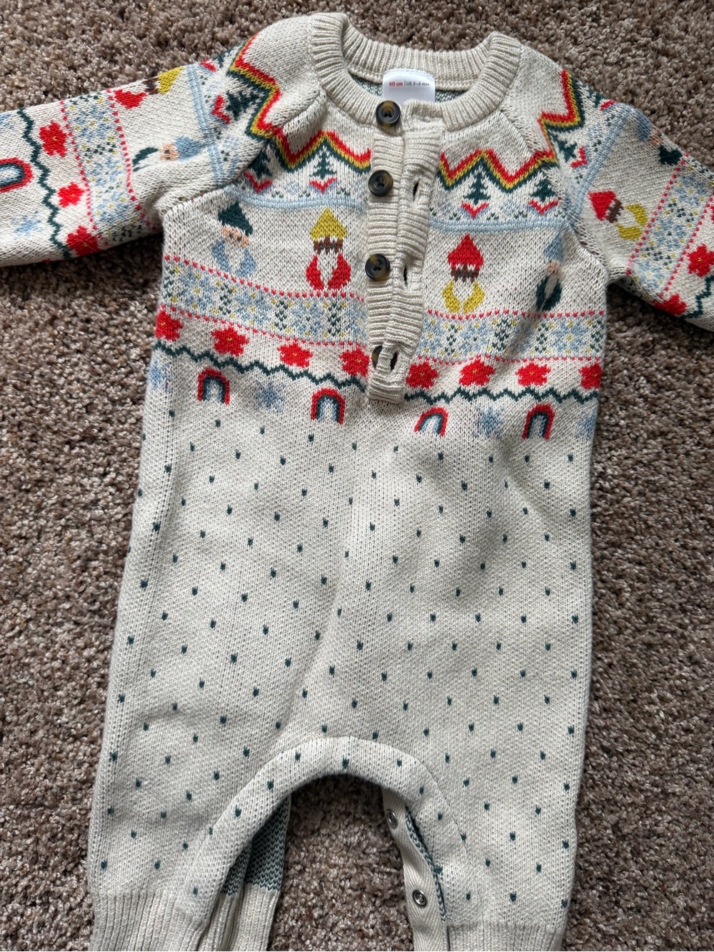 Hanna Andersson Cream Knit Fair Isle One-Piece with Red, Green & Yellow Accents